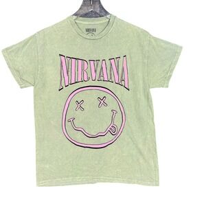 Nirvana Band Tee Mens Medium Green Pink Smiley Face T-Shirt‎ Short Sleeve Grunge